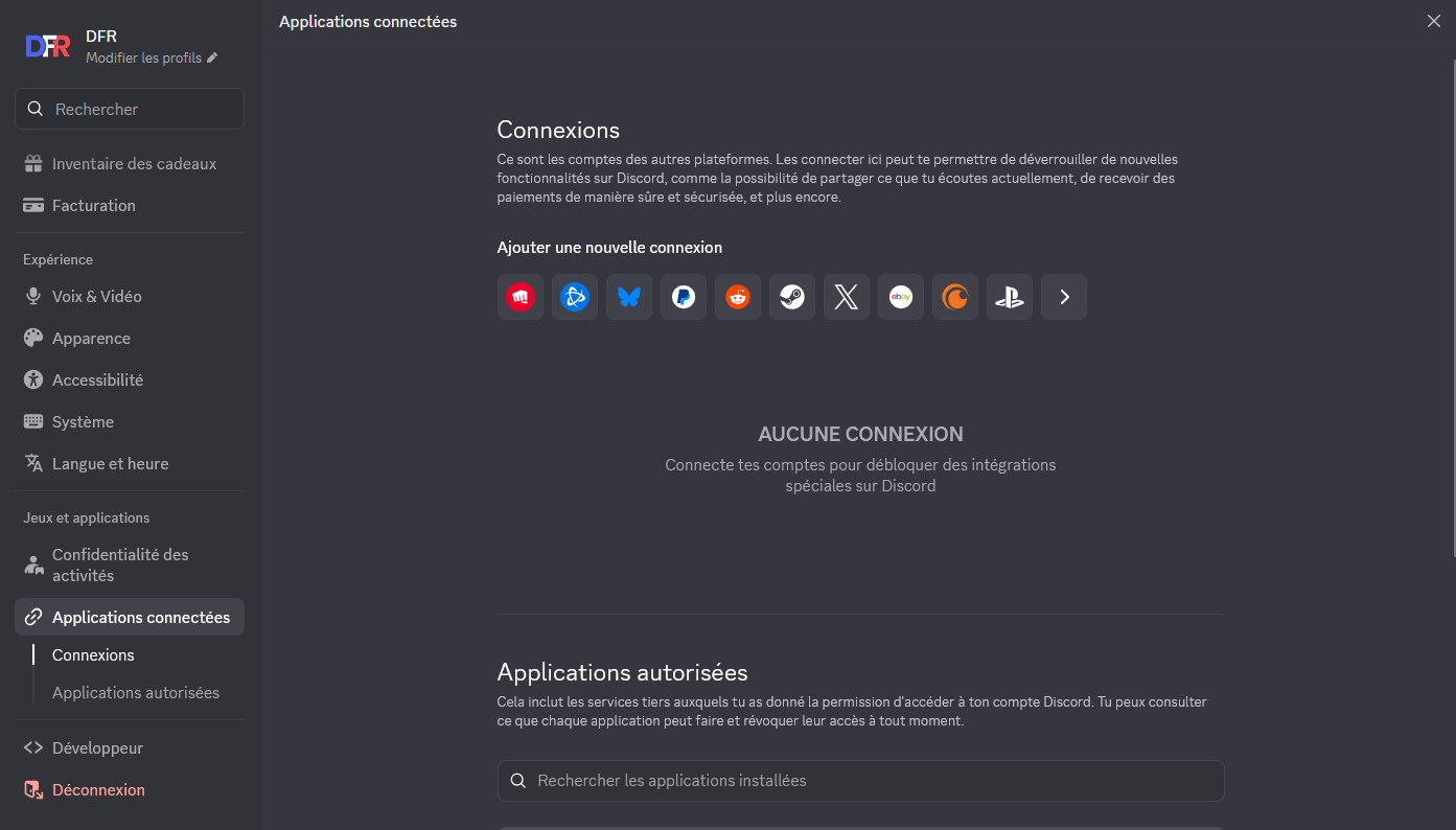 Onglet applications connectées