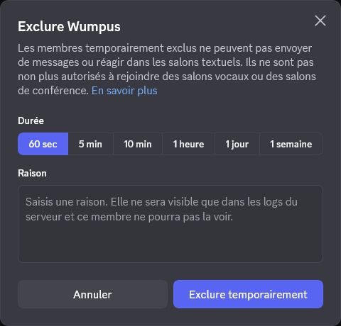 Fenêtre d'exclusion d'un membre