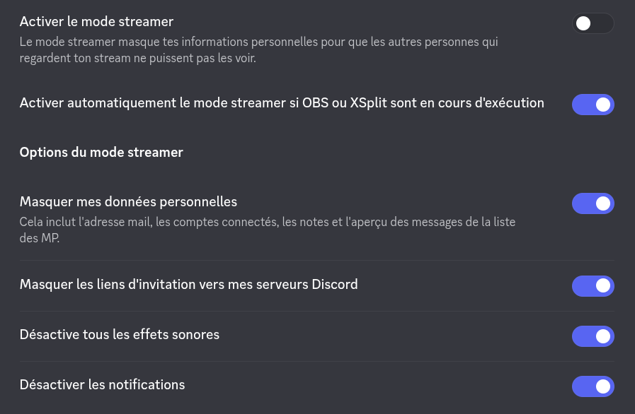 Paramètres du mode streamer