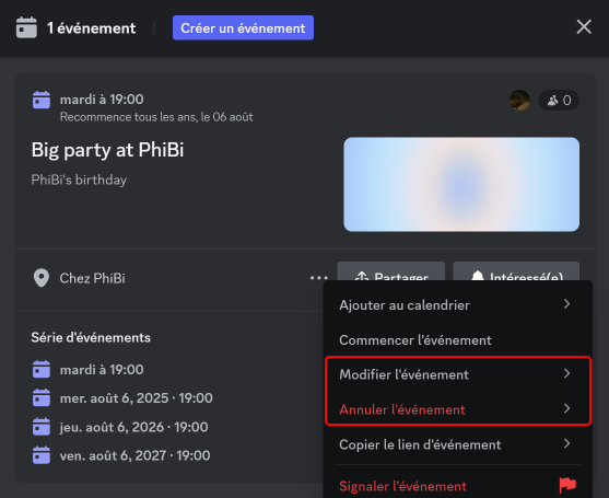 modification et annulation d'un évènement emplacement
