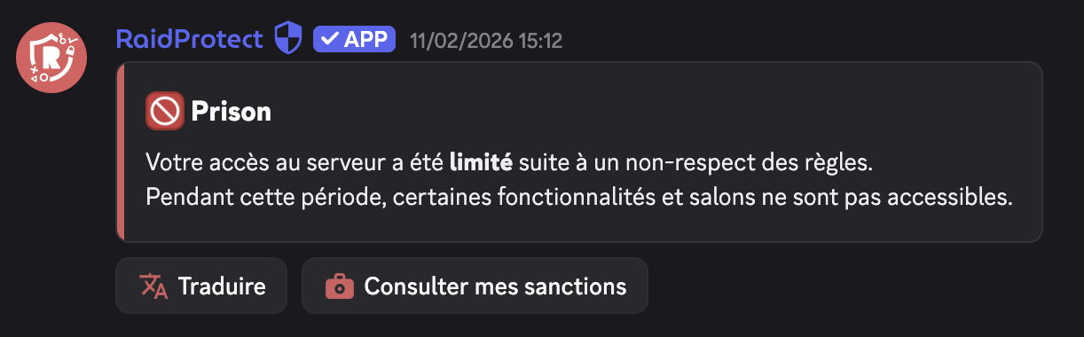 Serveur vu par un membre isolé : un seul salon visible, avec l'explication de la sanction et un bouton pour ouvrir un ticket