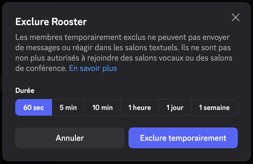 Menu d'un membre sur Discord, option Exclure ouverte avec les durées de 60 secondes à 1 semaine