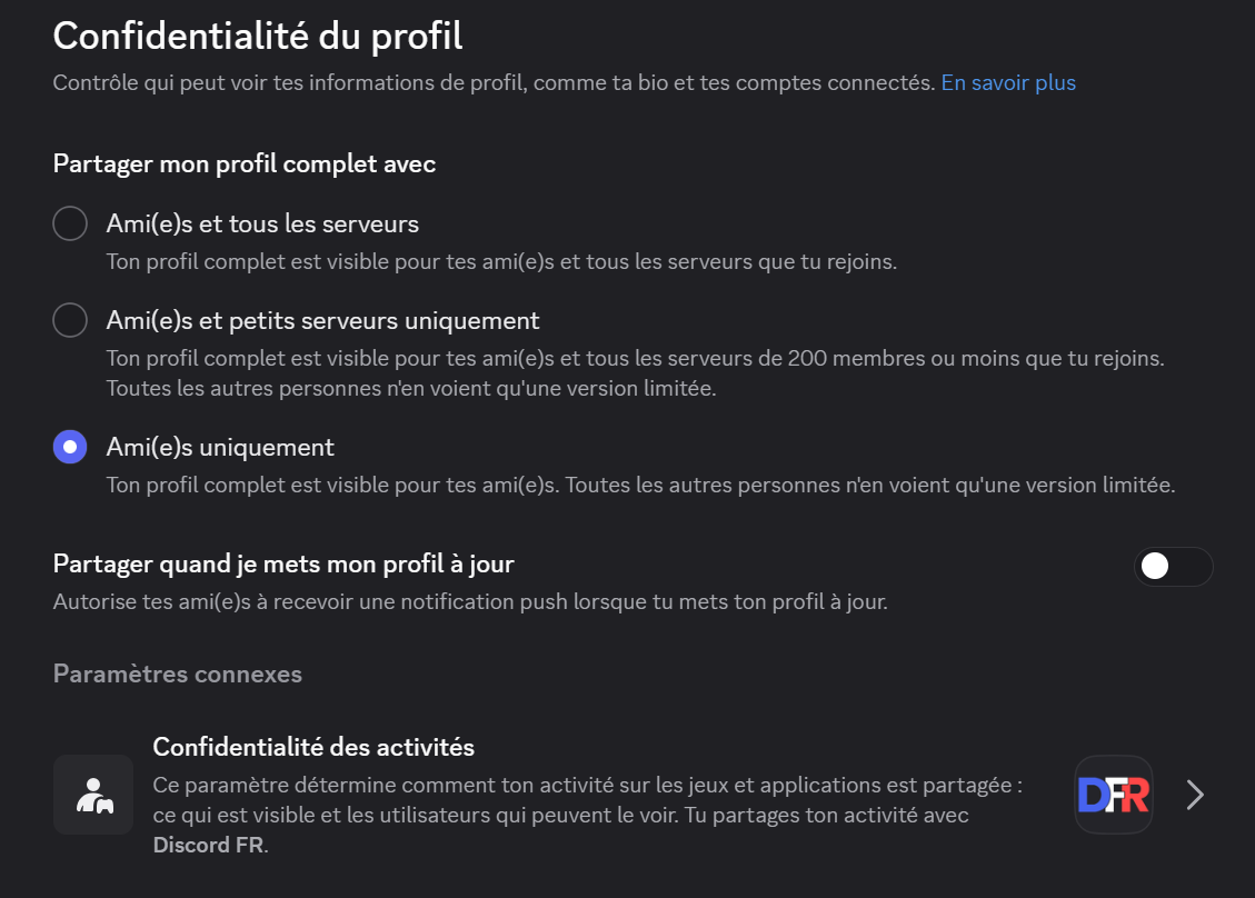Paramètres de partage de profil