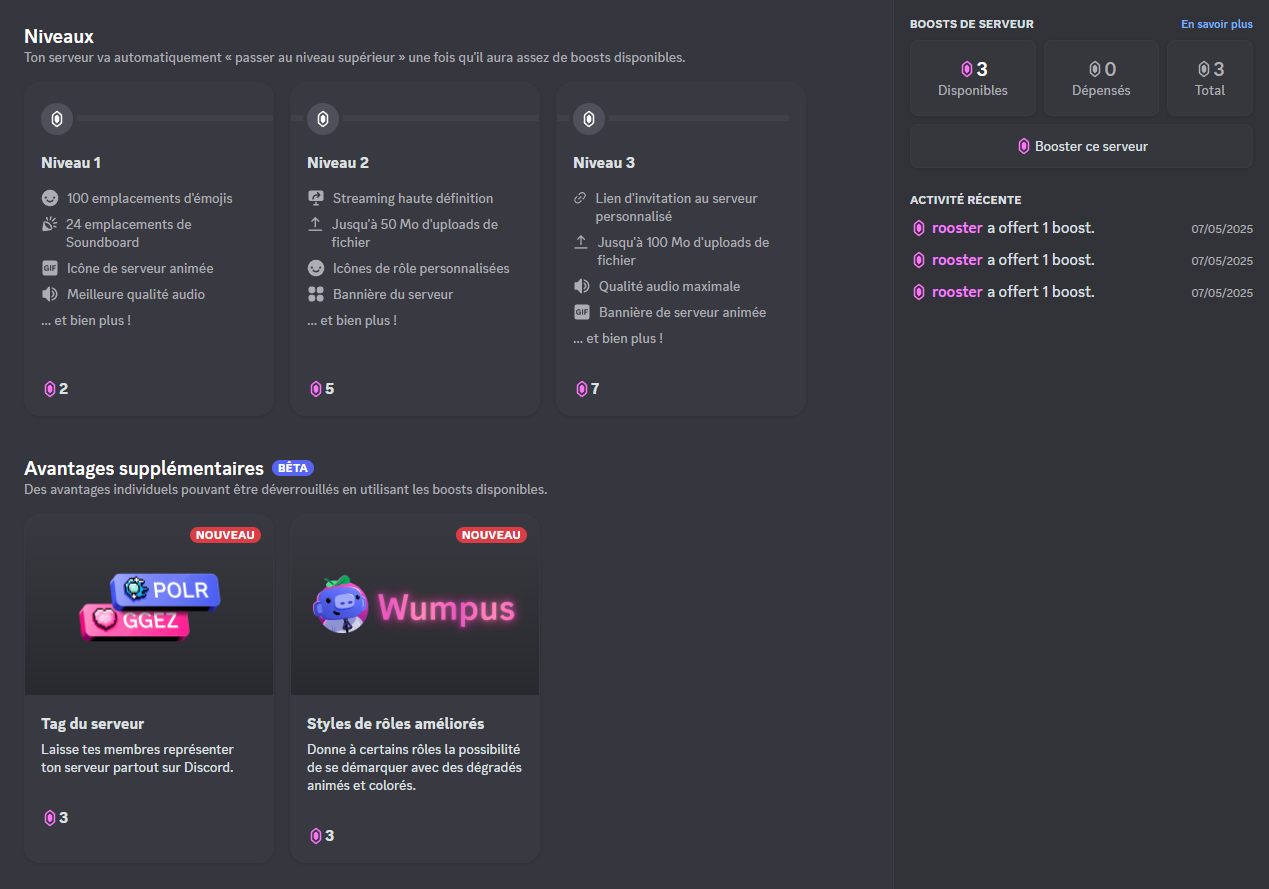 Menu de boosts